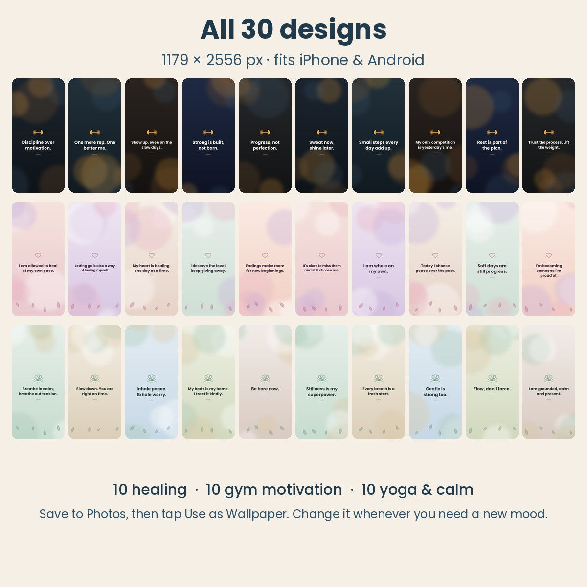 Affirmation Phone Wallpapers – 30 Pack (Healing, Gym & Yoga)