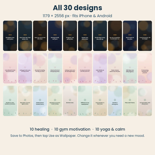 Affirmation Phone Wallpapers – 30 Pack (Healing, Gym & Yoga)