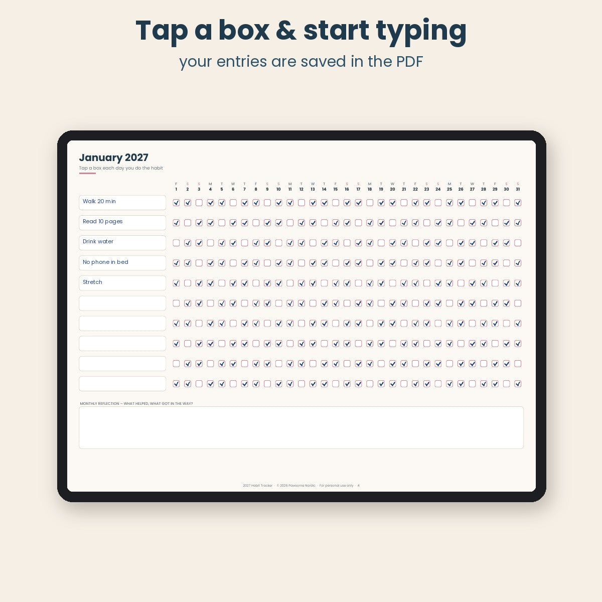 Fillable 2027 Habit Tracker – Tap to Tick