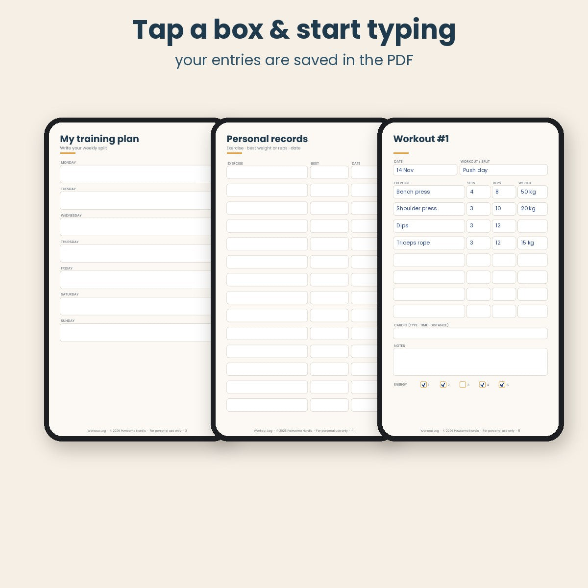 Fillable Workout Log – Phone Size (60 Sessions)